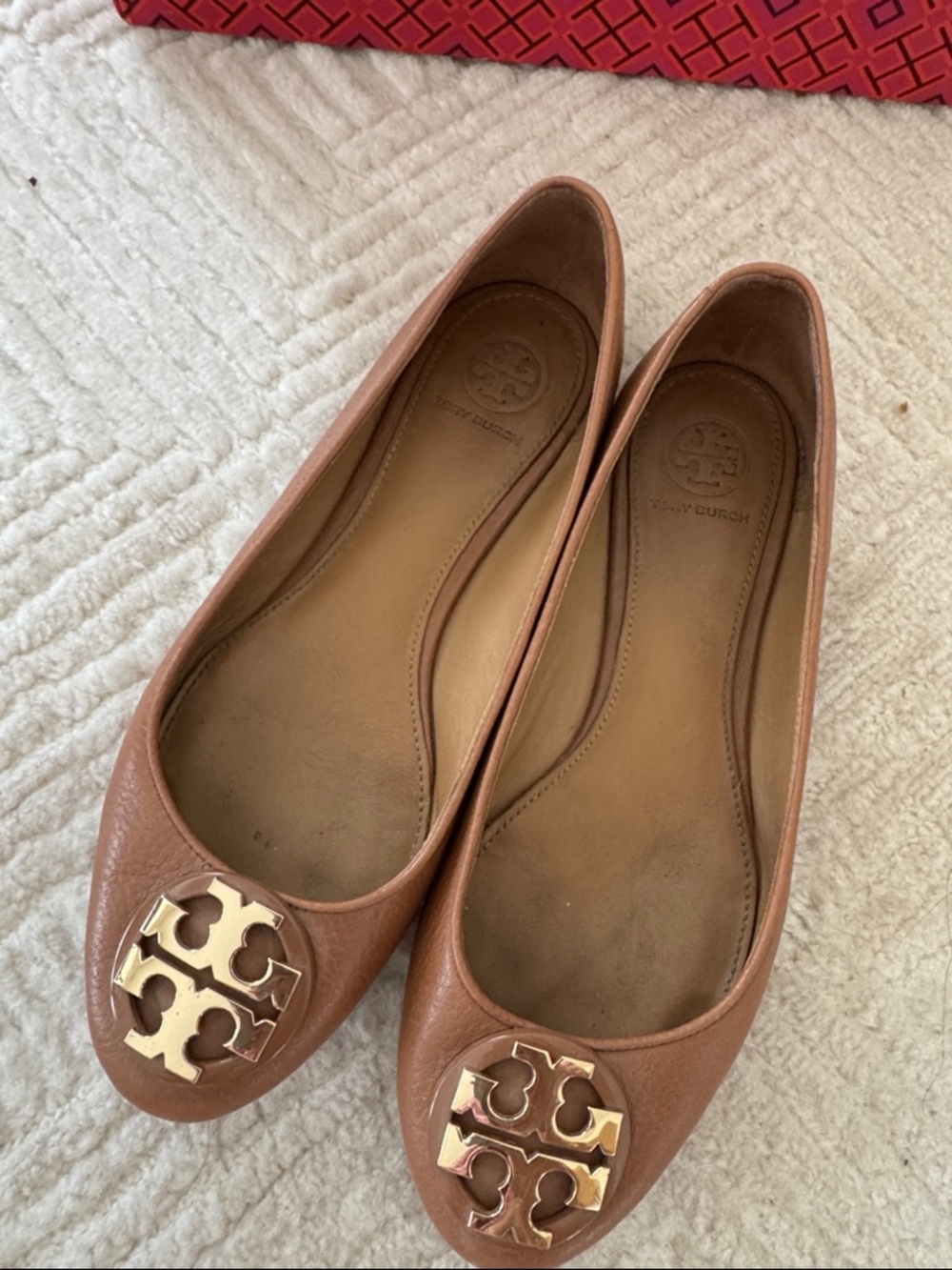 Tory Burch Robinson Tan Leather Logo Ballet Flats with Gold Emblem